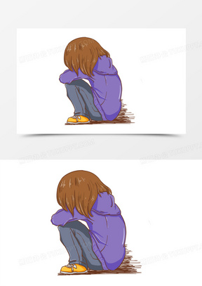 卡通手绘女孩坐在地上失落低头免抠元素