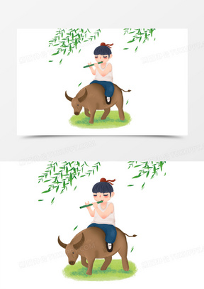 卡通手绘插画风牧童放牛元素