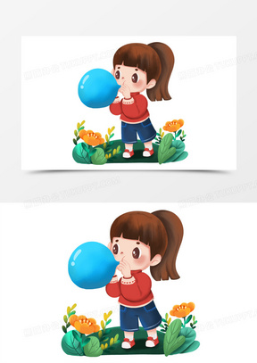 手绘卡通马尾辫小女孩吹气球免抠元素