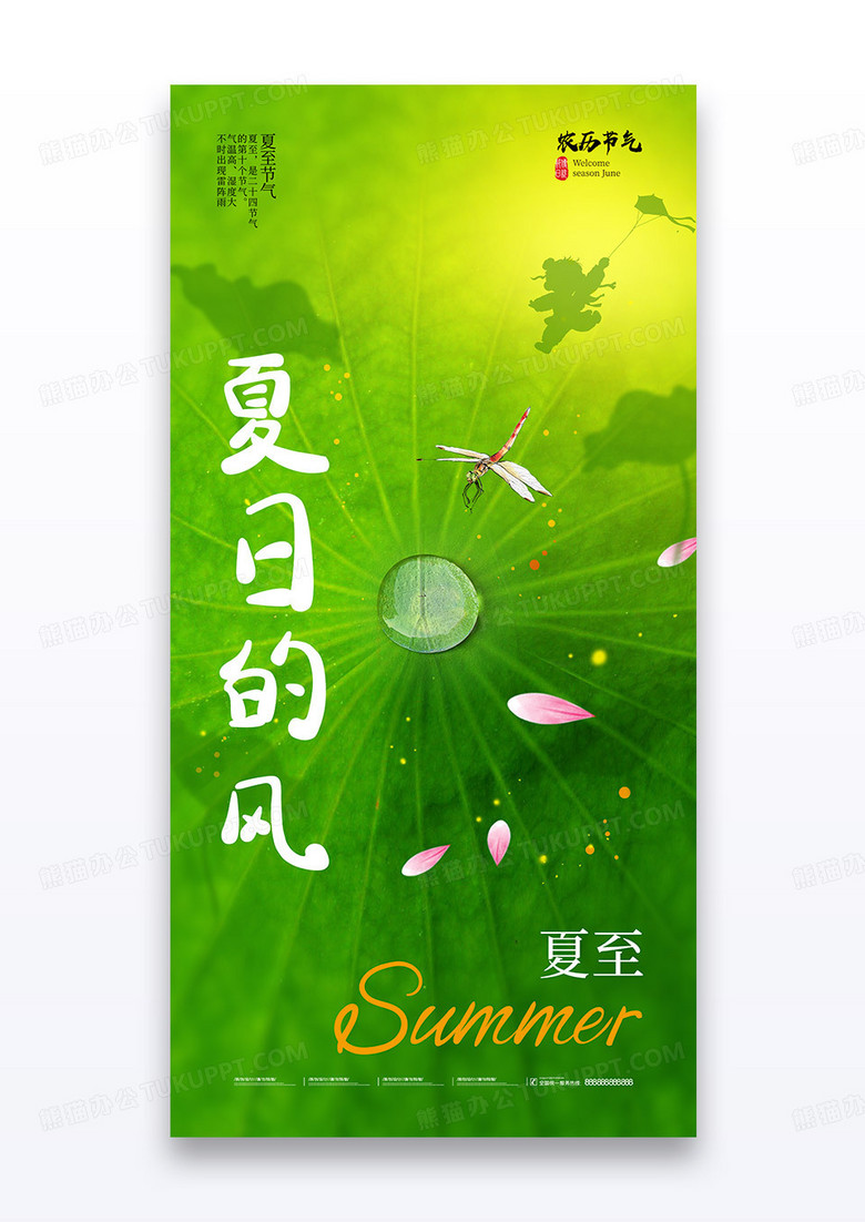 夏至24节气荷叶孩童透视简约海报