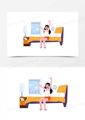 卡通手绘女孩早起伸懒腰免抠元素
