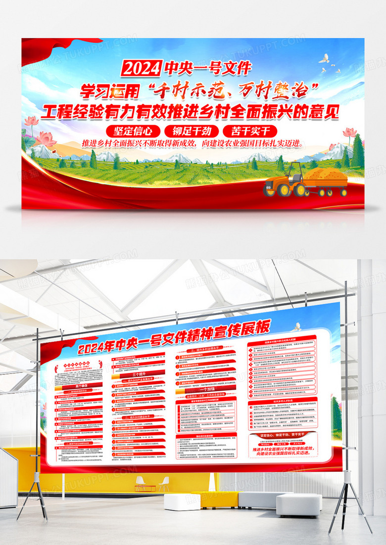 红色简约2024中央一号文件千村示范万村整治乡村振兴展板宣传