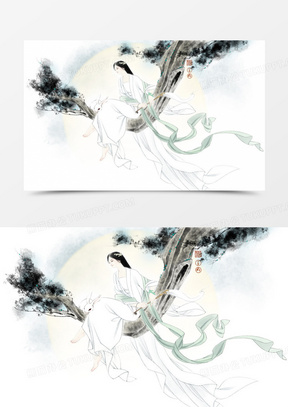月下树上白衣美女古风手绘
