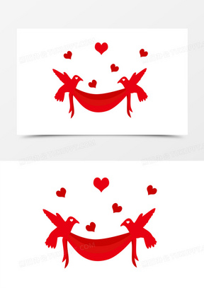 红色爱情鸟飘带装饰元素