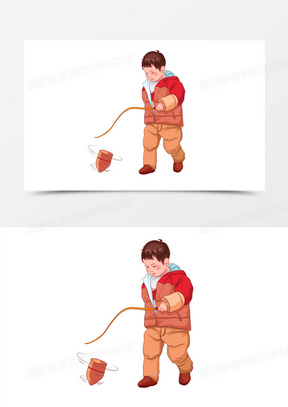 卡通手绘小男孩抽陀螺免抠元素