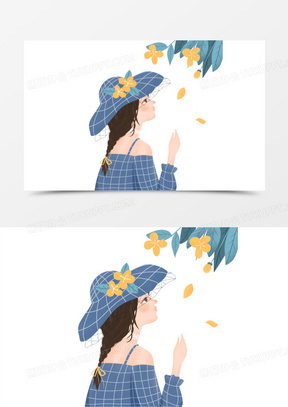 卡通手绘小清新风格女生闻花香插画元素