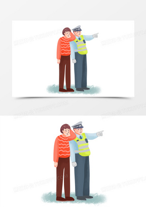 手绘卡通向交警问路场景素材