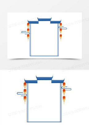 中国风蓝色建筑物灯笼边框