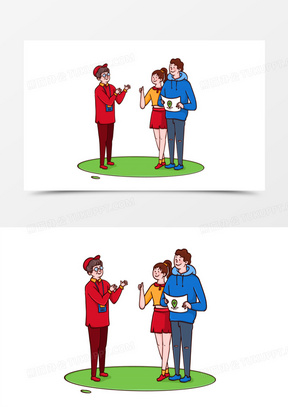 卡通手绘情侣迷路向工作人员问路免抠元素