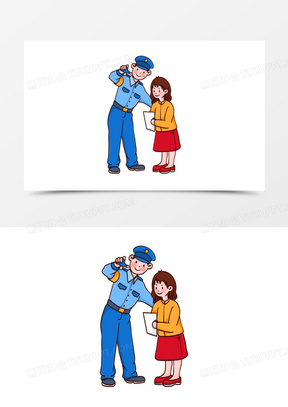 卡通手绘小女孩向警察叔叔问路免抠元素