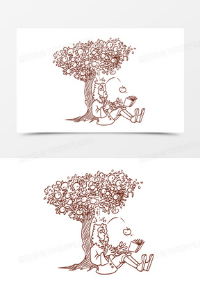 卡通手绘线稿苹果树下被砸的牛顿免抠元素