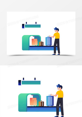 卡通手绘安检传送带上的行李箱免抠元素