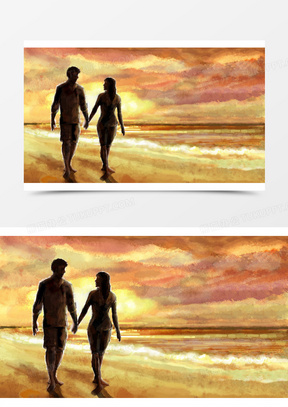海边手牵手的情侣油画
