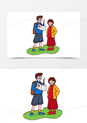手绘卡通向女生问路的男生场景