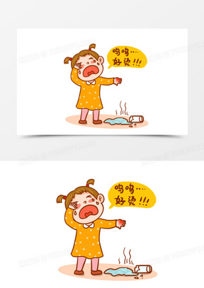 手绘卡通手烫伤的小女孩免抠元素