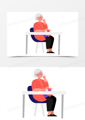 卡通手绘老奶奶坐着喝茶免抠元素