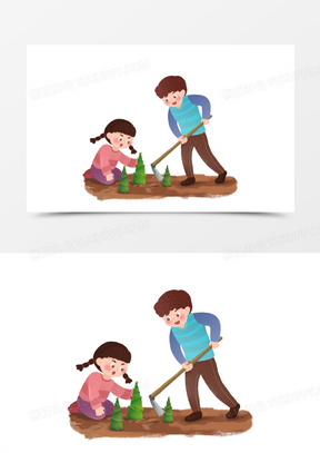 卡通手绘男孩女孩挖笋场景元素