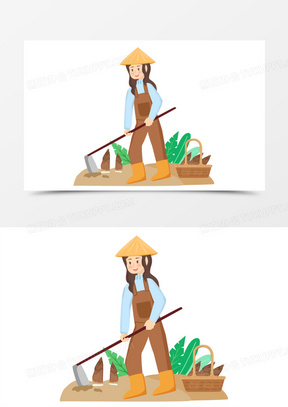 卡通手绘女孩挖笋免抠元素