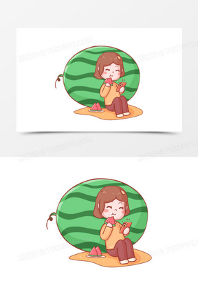 卡通手绘少女开心吃瓜表情包元素
