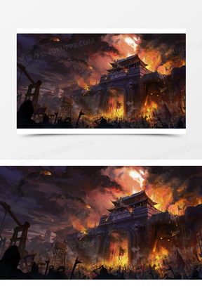 战场火烧城楼海报背景古风手绘