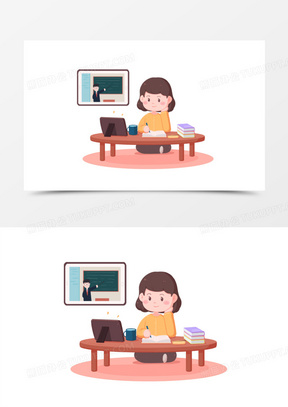 1080卡通手绘女孩上网课学习元素1533手绘插画风上网课场景元素582