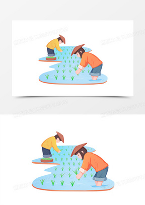 插秧免抠元素642手绘卡通古代农民插水稻素材812卡通水稻种植插画191