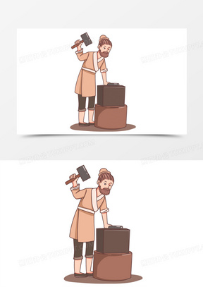 手绘卡通古代匠人打铁素材