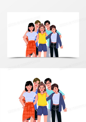 手绘卡通一群青年人物形象插画元素