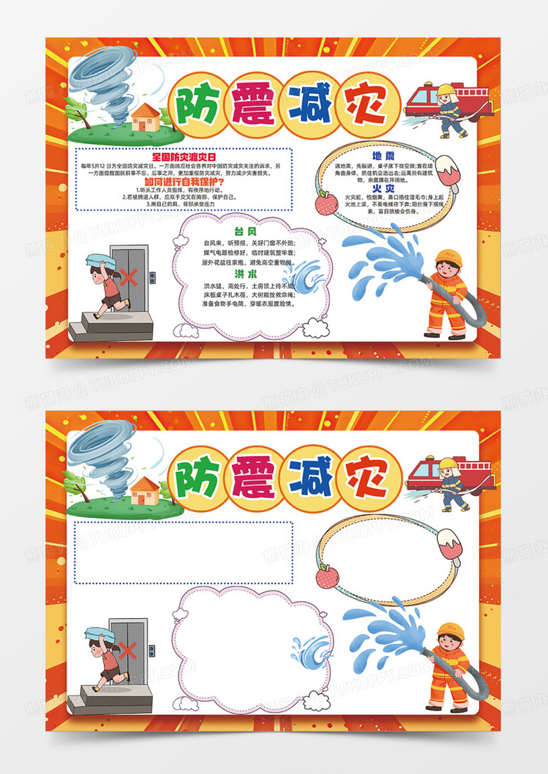 橙色漫画风背景防震减灾手抄报卡通