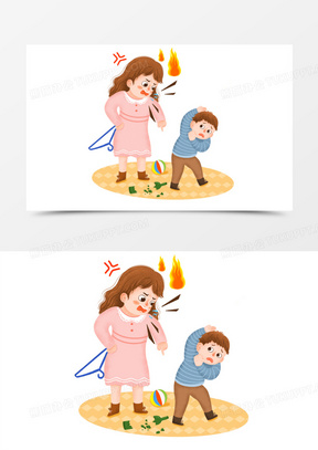 手绘卡通妈妈责骂打孩子插画免抠元素