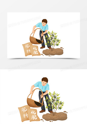 卡通手绘给小树施肥免抠元素