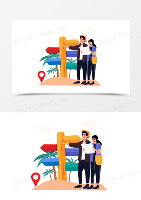 卡通手绘矢量情侣看地图导航免抠元素
