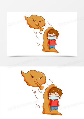 卡通手绘男生被沙尘暴埋着元素