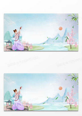 古典乐器美女琵琶清新中国风山水背景