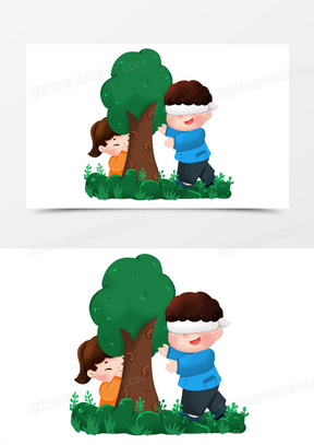 卡通手绘小孩玩耍捉迷藏开心素材