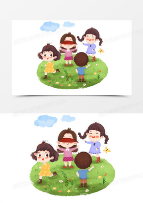手绘卡通小朋友玩捉迷藏插画免抠元素
