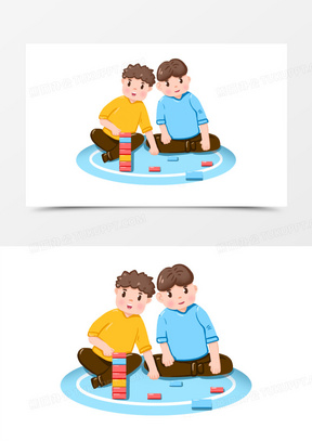 卡通手绘小男孩搭积木免抠元素