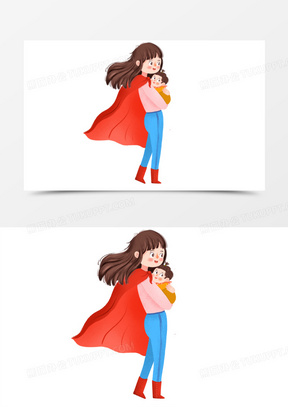 卡通手绘超人妈妈抱着孩子免抠素材