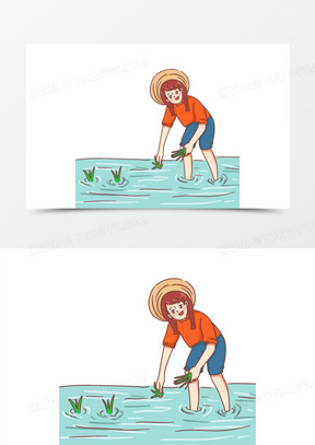 手绘卡通小女孩插秧素材