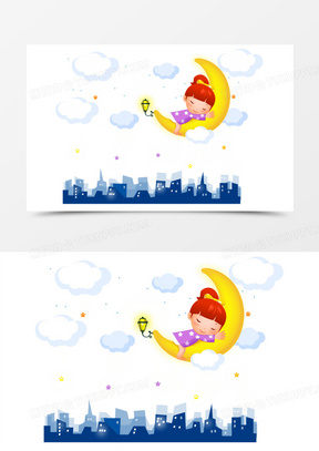 抱着月亮安睡的小女孩插画矢量图