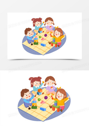 手绘卡通小朋友一起玩积木插画免抠元素