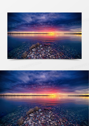 夕阳落日蓝色大海海报背景