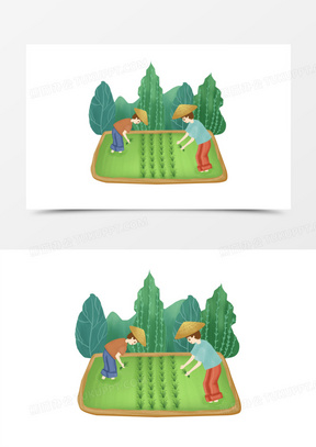 卡通手绘农民在田里播种素材