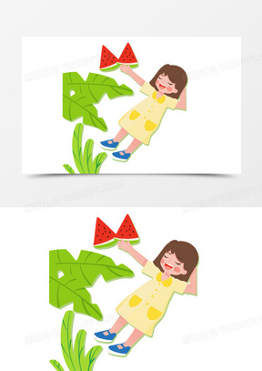 卡通手绘小女孩躺着乘凉免抠素材