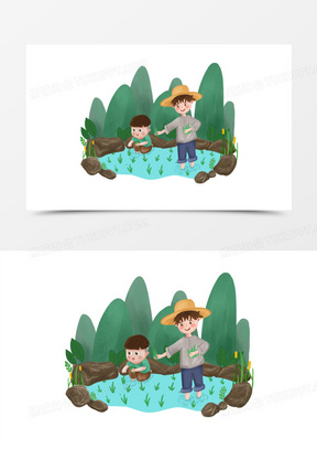 卡通手绘农民娃娃在田里种秧苗插画元素