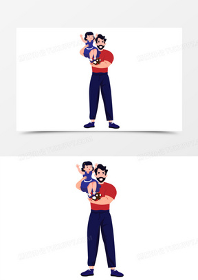 卡通手绘爸爸高举女儿温馨场景免抠素材