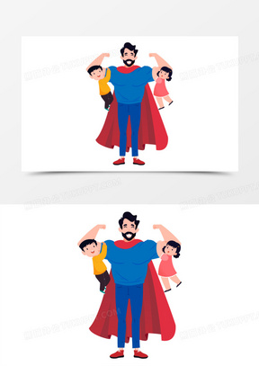 卡通手绘超人爸爸和两个孩子免抠素材