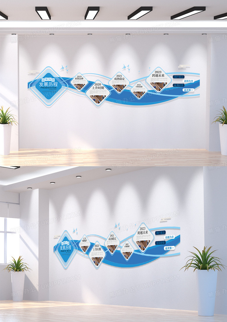 蓝色线条企业历程登峰企业文化墙