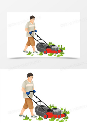 卡通手绘男生用除草机除草免抠素材
