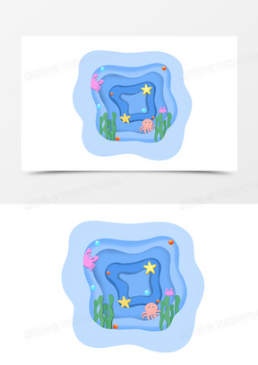 剪纸风蓝色海洋景观边框素材
